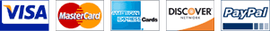 Visa, Mastercard, American Express, Discover, Paypal credit/bank cards accepted